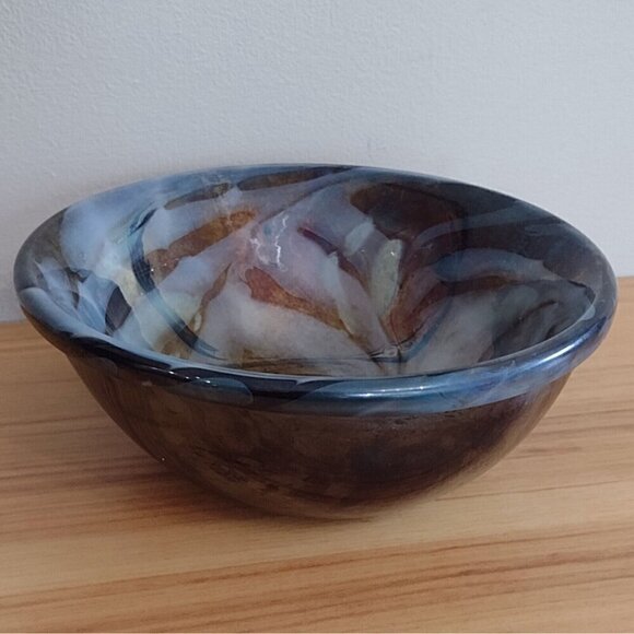 Vintage Hand Blown Art Glass Bowl Iridescent Blue Swirl Unsigned Heavy - Picture 2 of 11